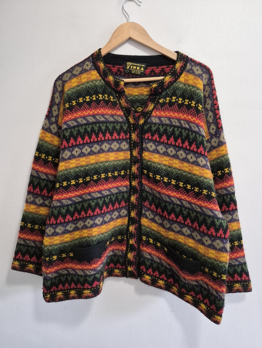 Artesanias del Inka 100% Alpaca Colorful Rainbow Fair Isle Cardigan Sweater XL